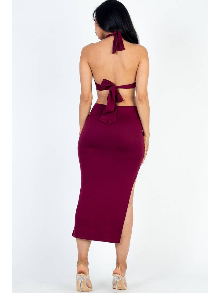 CC Wholesale Clothing - Wholesale Dress - Women's - Cut-out Halter Neck Double Back Tie Split Thigh Midi Dress3