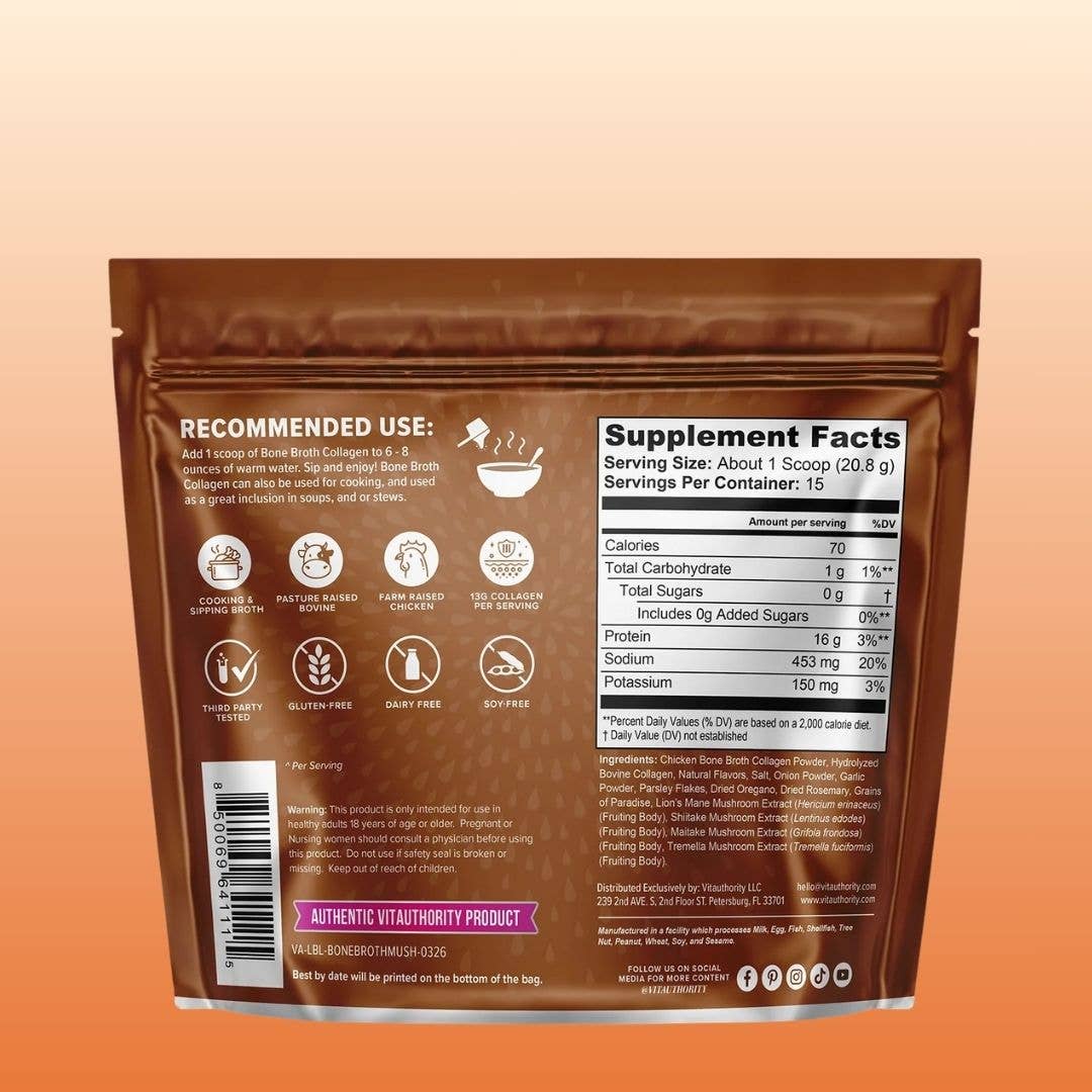 Vitauthority - Wholesale Protein/Superfood Powder - Mushroom & Herb Bone Broth Collagen -Gut & Joint Health 312g2