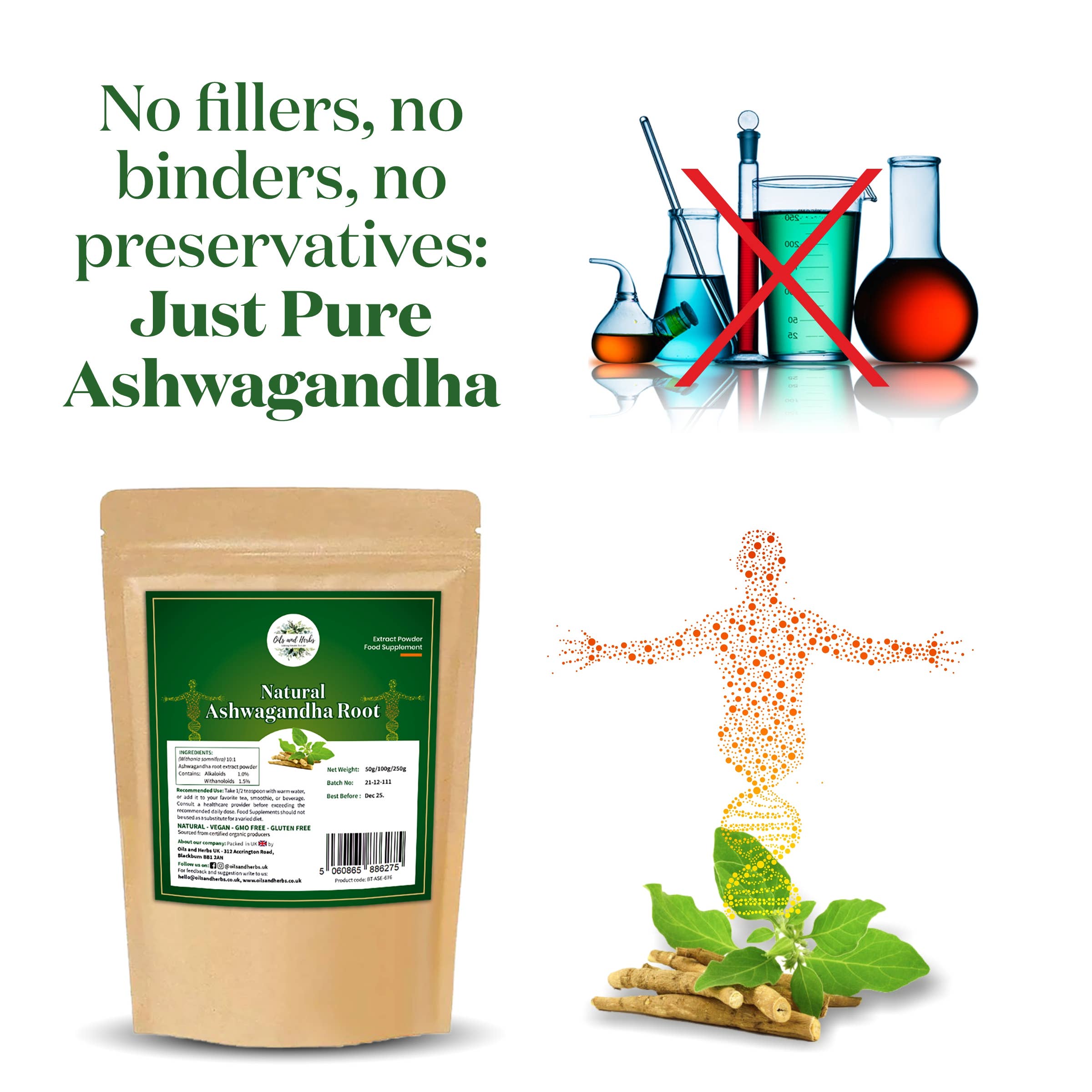 Oils and Herbs UK – Engroshandel Protein-/superfoodpulver – Økologisk ashwagandhapulver - 100 % rent1