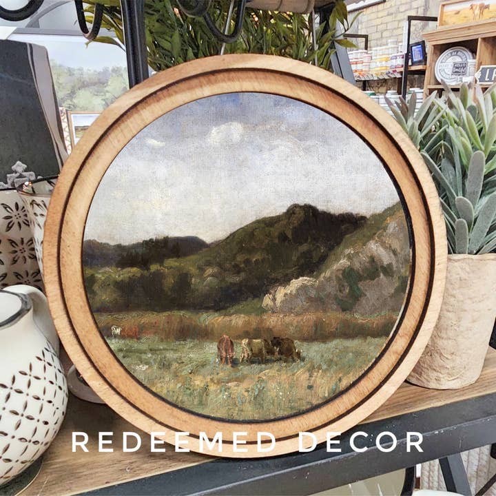 Redeemed Decor - Wholesale Wood Wall Art - 8" Round Grazing Cattle Art