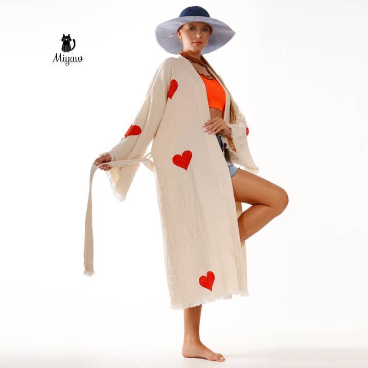 Beige Wholesale Personalized Organic Cotton Kimono Robe - Romantic Valentine's Day Gift for Boutiques for wholesale on Faire