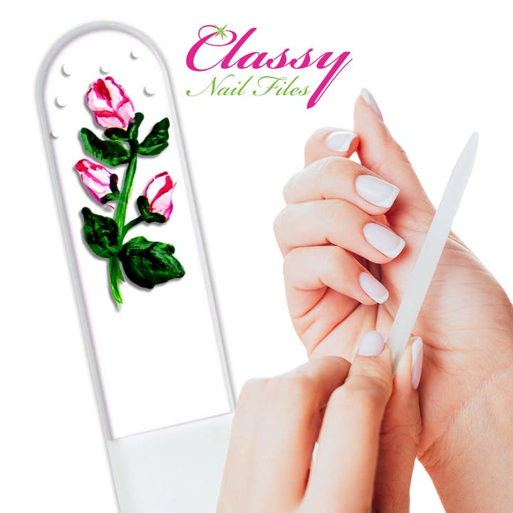 Classy Nail Files – wholesale Nagelfil – Rosenknoppar Rosa Blomma Gåva Handmålad Kristallnagelfil6
