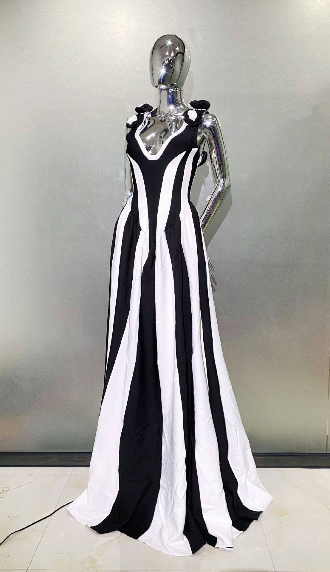 DR411 Deep V Black & White Striped Dress with Floral Accents for wholesale on Faire2