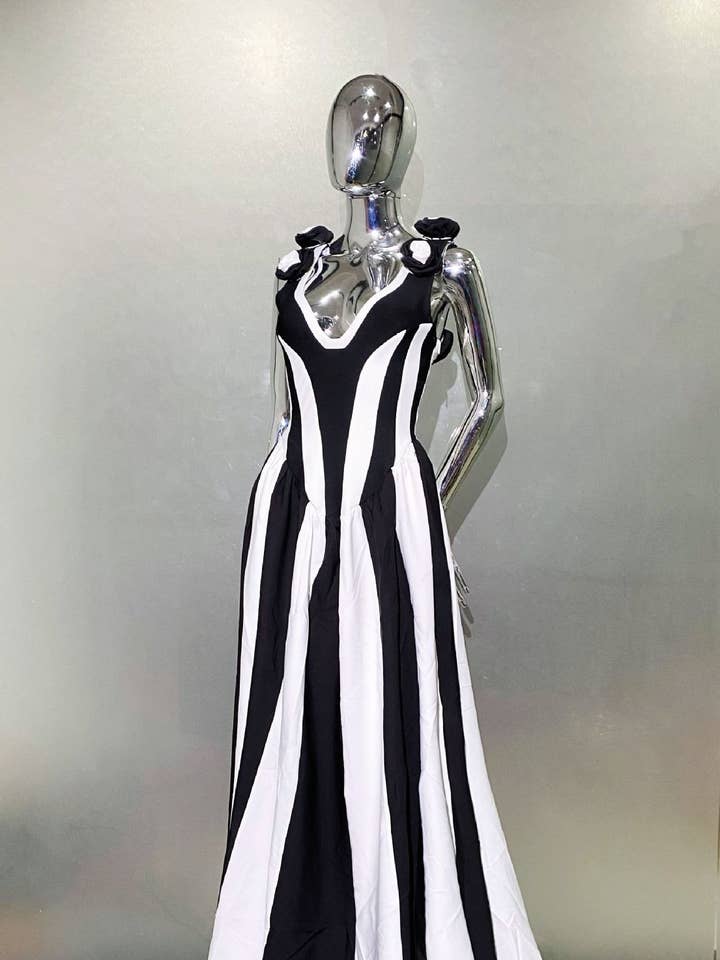 DR411 Deep V Black & White Striped Dress with Floral Accents for wholesale on Faire2