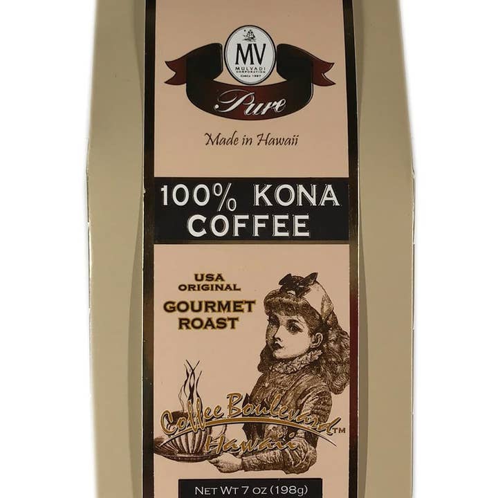 Mulvadi 100% Kona Coffee Old Fashioned Grind, Medium-Dark Roast 7 oz. Decorative Box for wholesale by Mulvadi Corporation