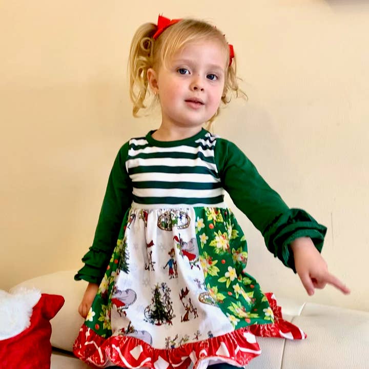 Baby Piger Jul Grinch Ruffle Kjole Bukser Outfit for engroshandel hos Angeline Kids