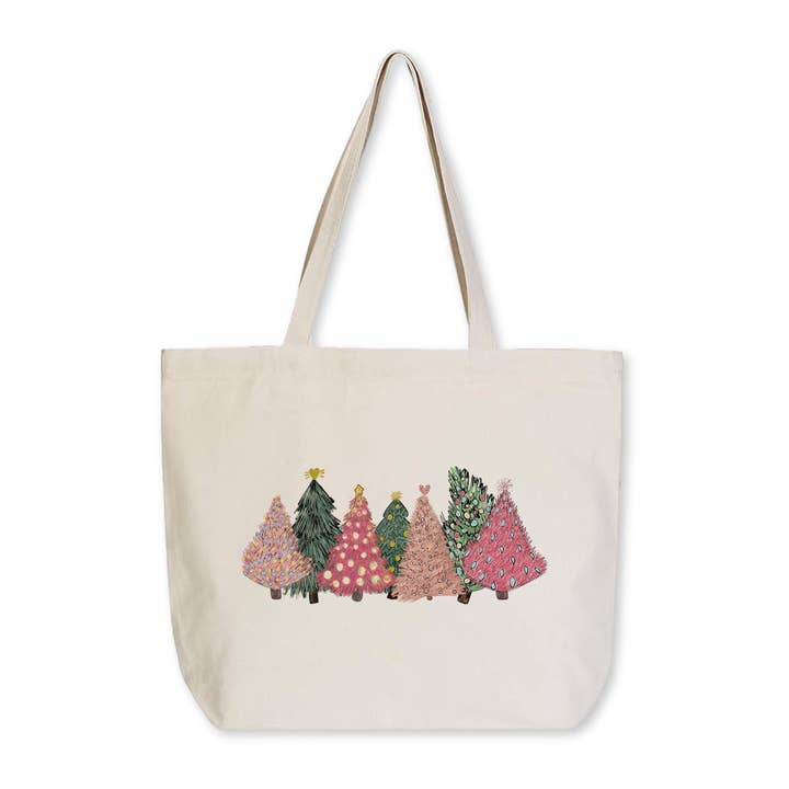 Tote Bag, Natural Canvas, Pink Christmas Trees, Gift Bag for wholesale by Clairmont & Co