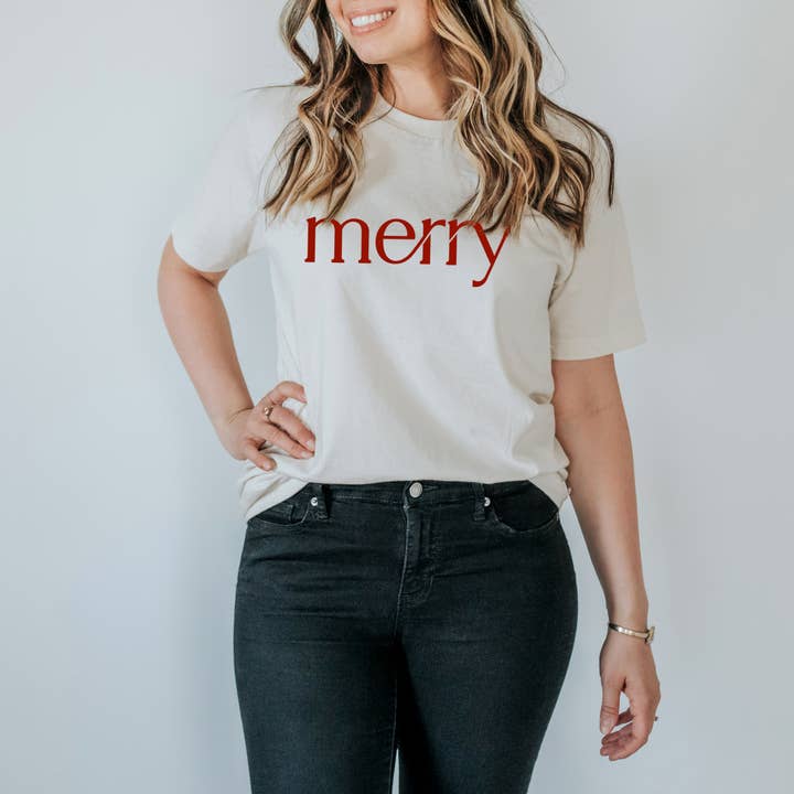 Camiseta de Navidad orgánica para adultos «Merry», color crema para venta al por mayor de Gladfolk