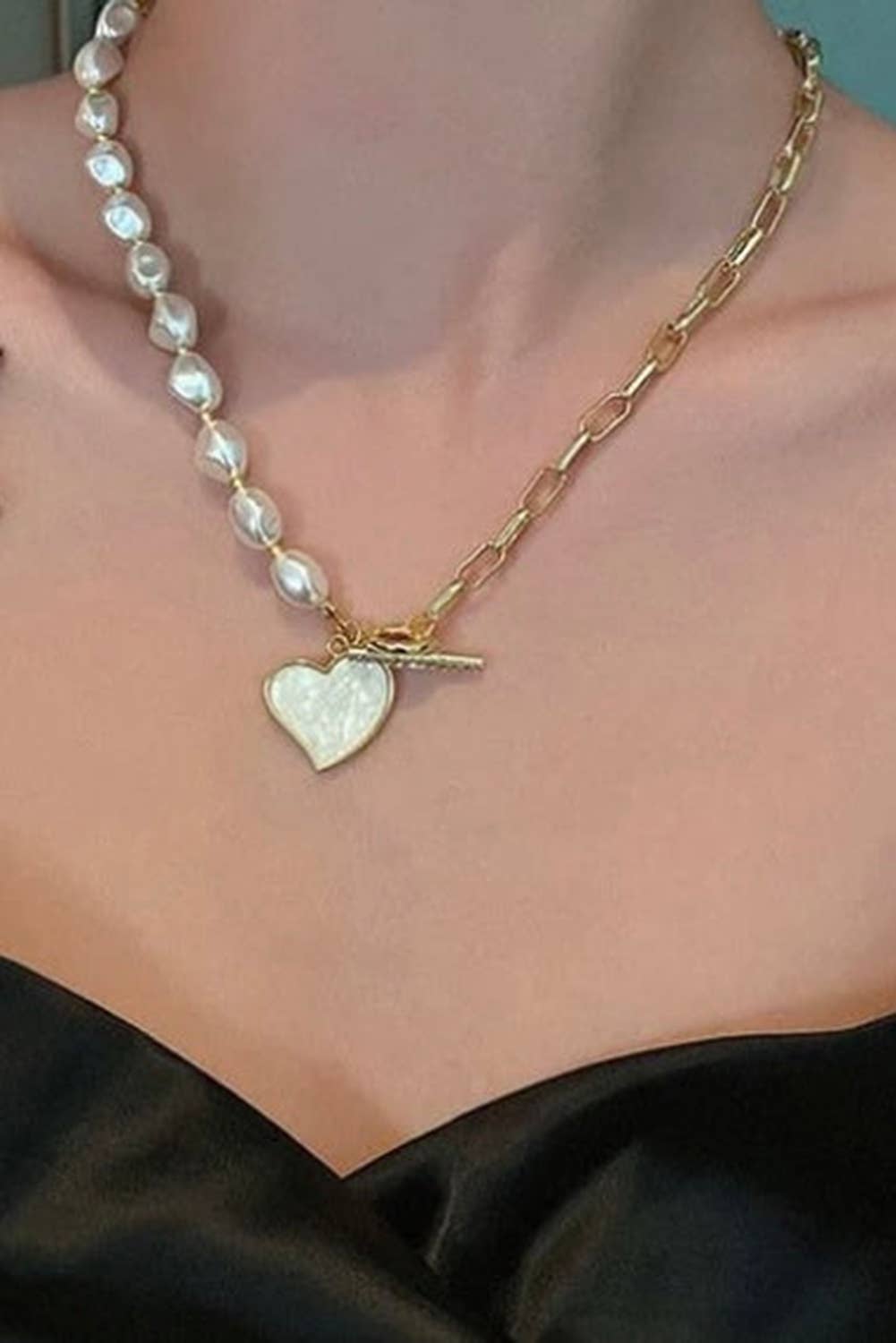 Gold Valentine's Heart Pendant Rhinestone Pearl Chain Necklace for wholesale on Faire3