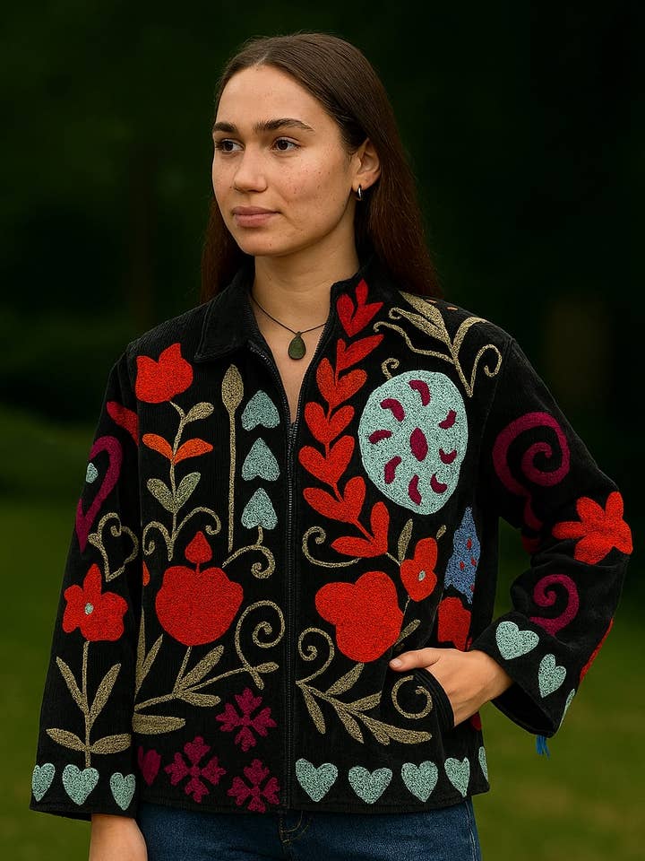 Velvet Suzani Artisan Hand Embroidered Short Jacket for wholesale by Essential Designs London