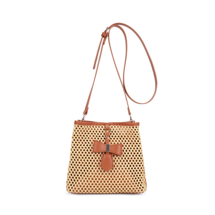 LUNA STRAW BUCKET CROSSBODY BAG WITH BOW CHARM for wholesale by KAYLA+AVA