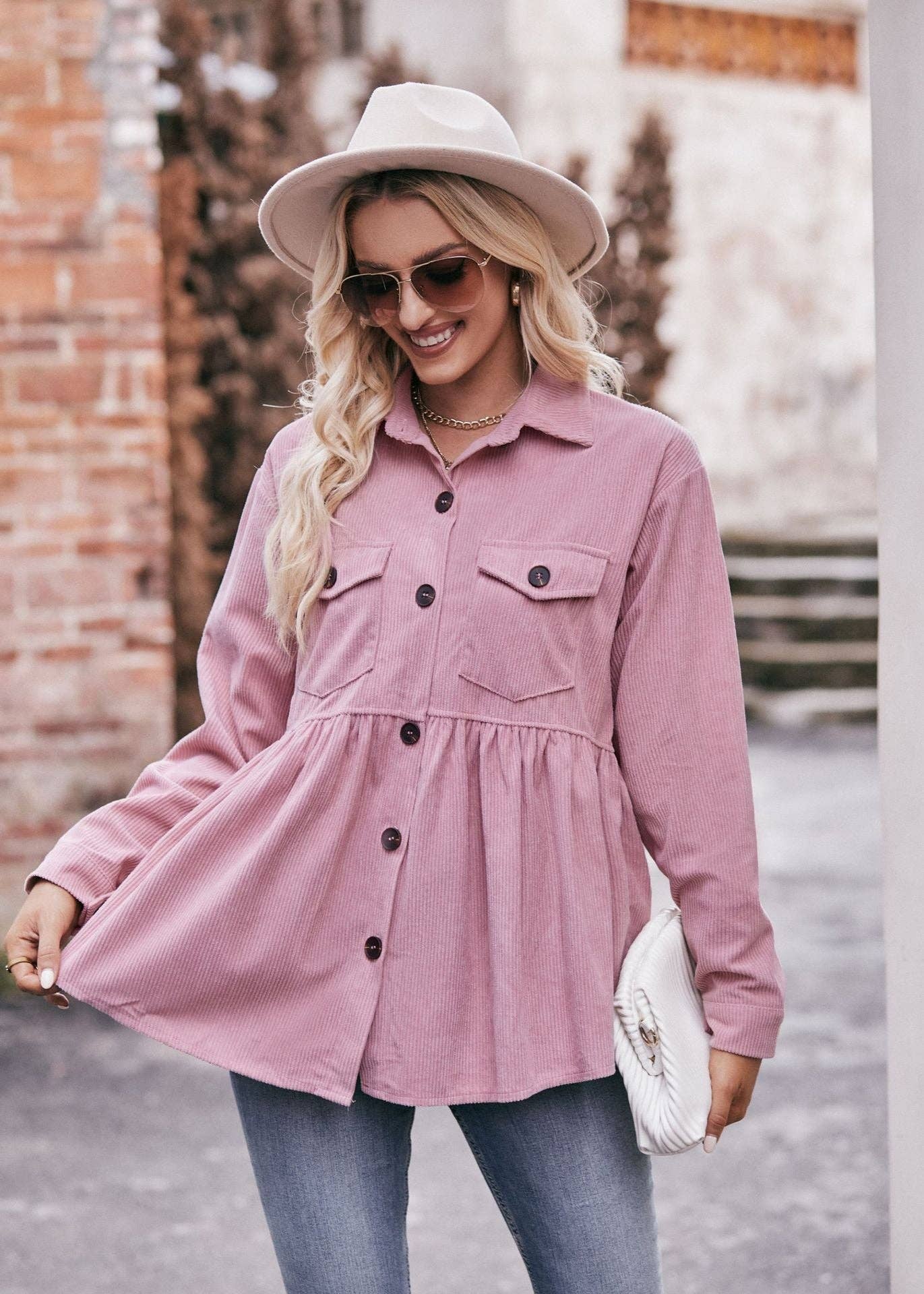 Suhkasana - Vendita all'ingrosso Camicia button down - Donna - Camicia Babydoll in Velluto a Coste Casual Top Ispirato al Vintage15