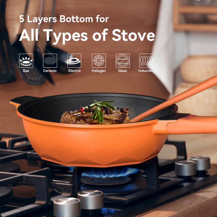 Tangerine Tiborang 11" Nonstick Frying Pan 8-in-1 Wok Pan(Tangerine) for wholesale on Faire