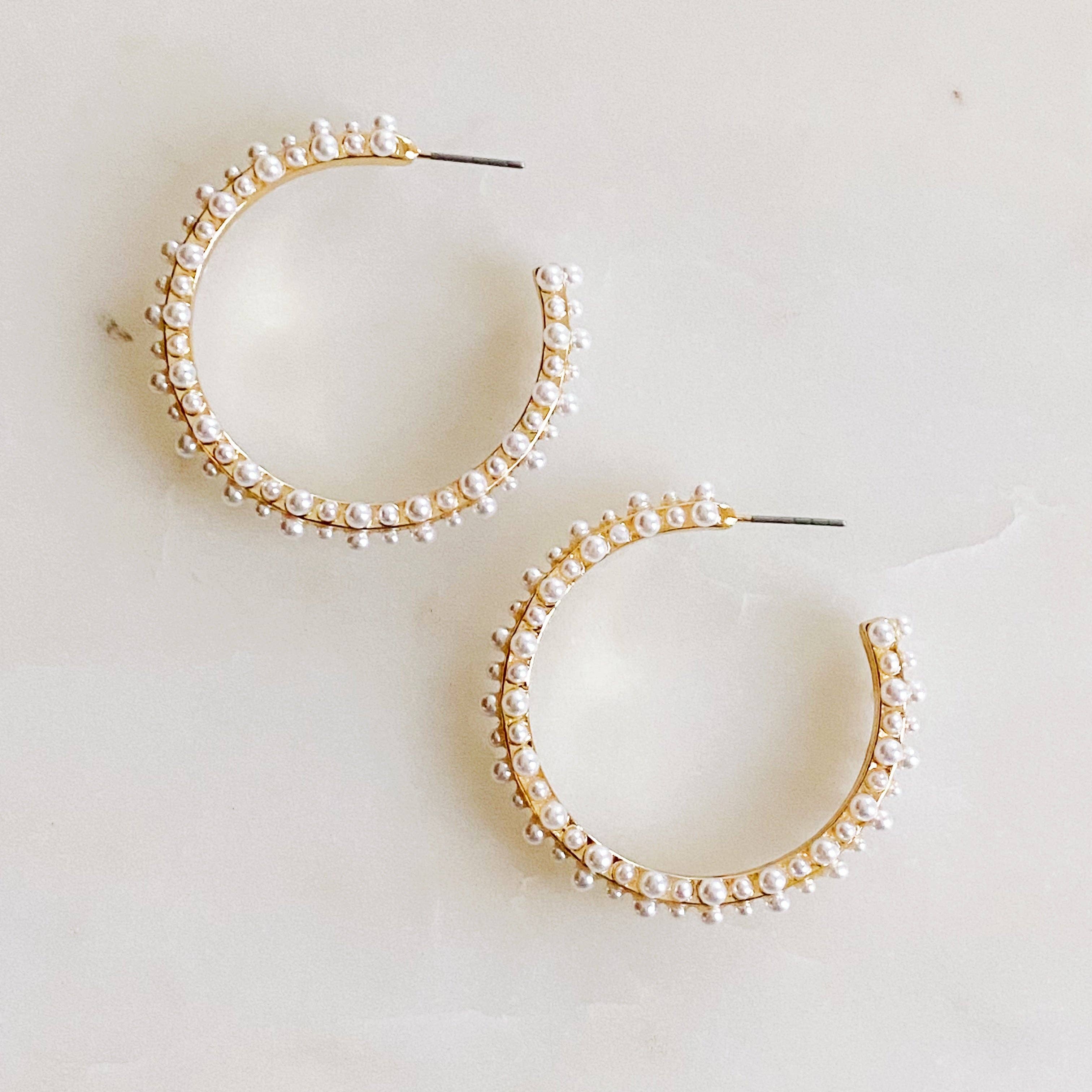 Ellison+Young - Wholesale Hoop Earrings - Delicate Pearl Deco Hoop Earrings