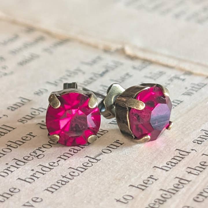 Siam Ruby Red 8mm Vintage Rhinestone Post Earrings for wholesale by Christine Stoll | Altered Relics