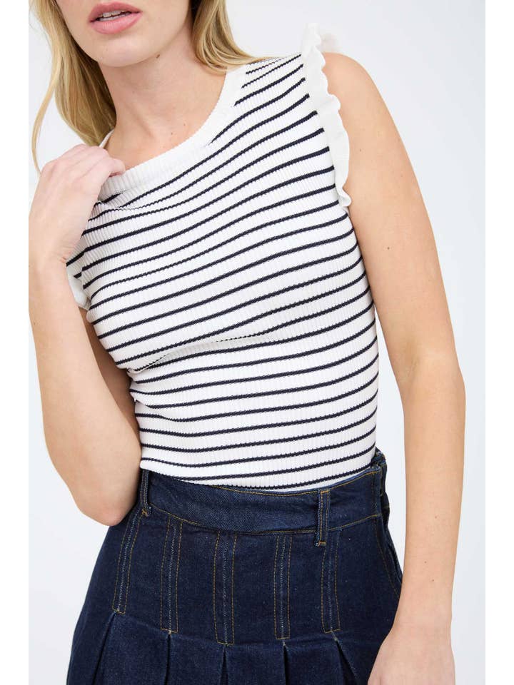 The Workshop Studio - Wholesale Knit Sweater - Women's - STRIPE RUFFLE TRIM SLEEVELESS PULLOVER SWEATER