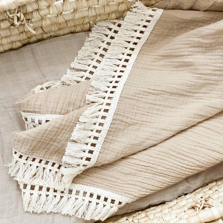 Harp Angel Boutique - Wholesale Swaddle - Baby - Fringe Swaddle Blanket - Tan0