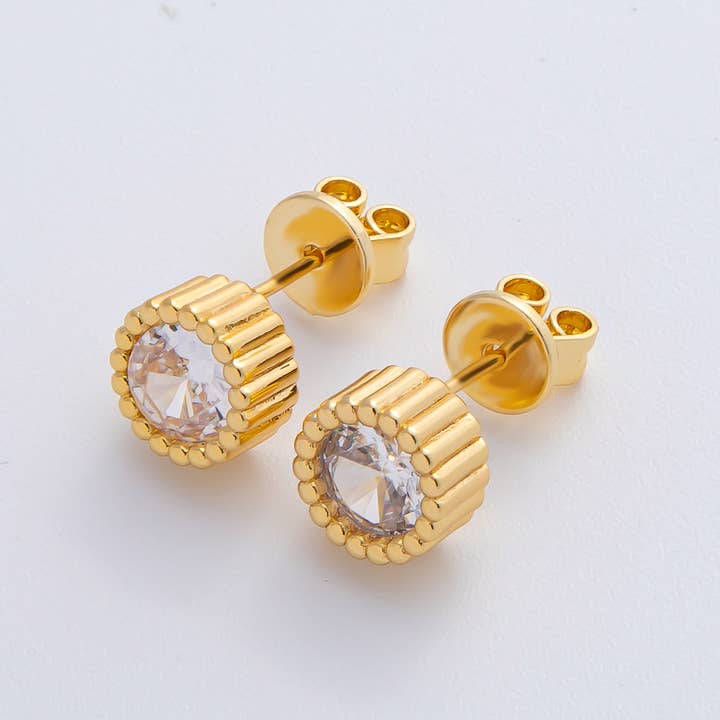 18K Gold Filled 9mm Clear CZ Ribbed Round Stud Earrings | AD1629 for wholesale by Aim Eternal