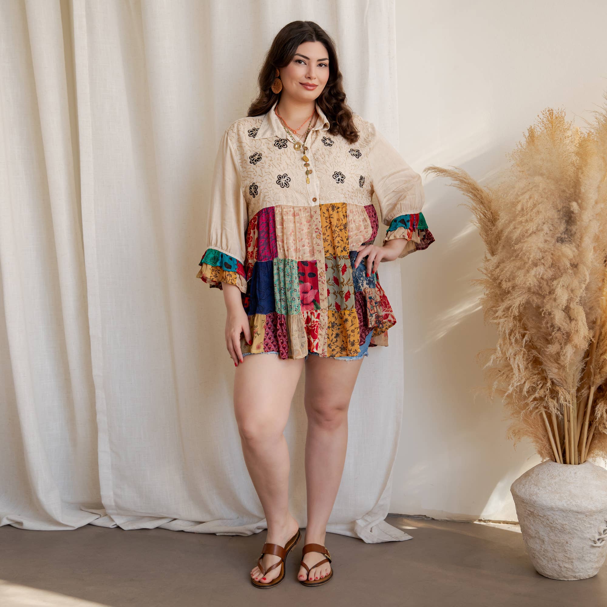 Young Threads - Wholesale Blouse - Women's - Western Denim Yoke Patchwork Tiered Tunic Top (New Color)12