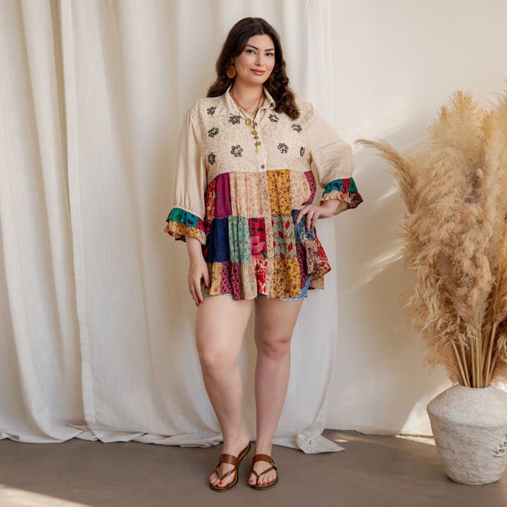 Young Threads - Wholesale Blouse - Women's - Western Denim Yoke Patchwork Tiered Tunic Top (New Color)12