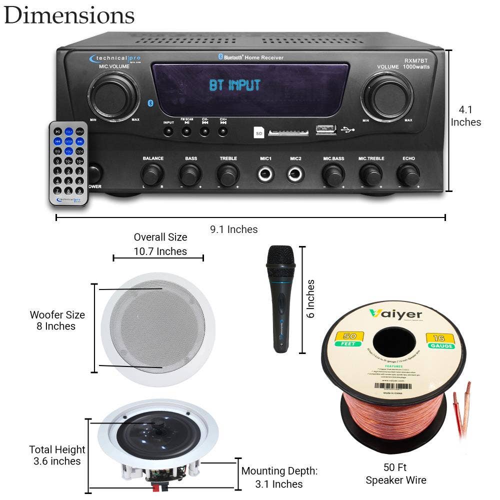 Technical Pro - Wholesale Speakers - 1000W Bluetooth Amplifier,2 Ceiling Speakers 8", Mic, Wire1