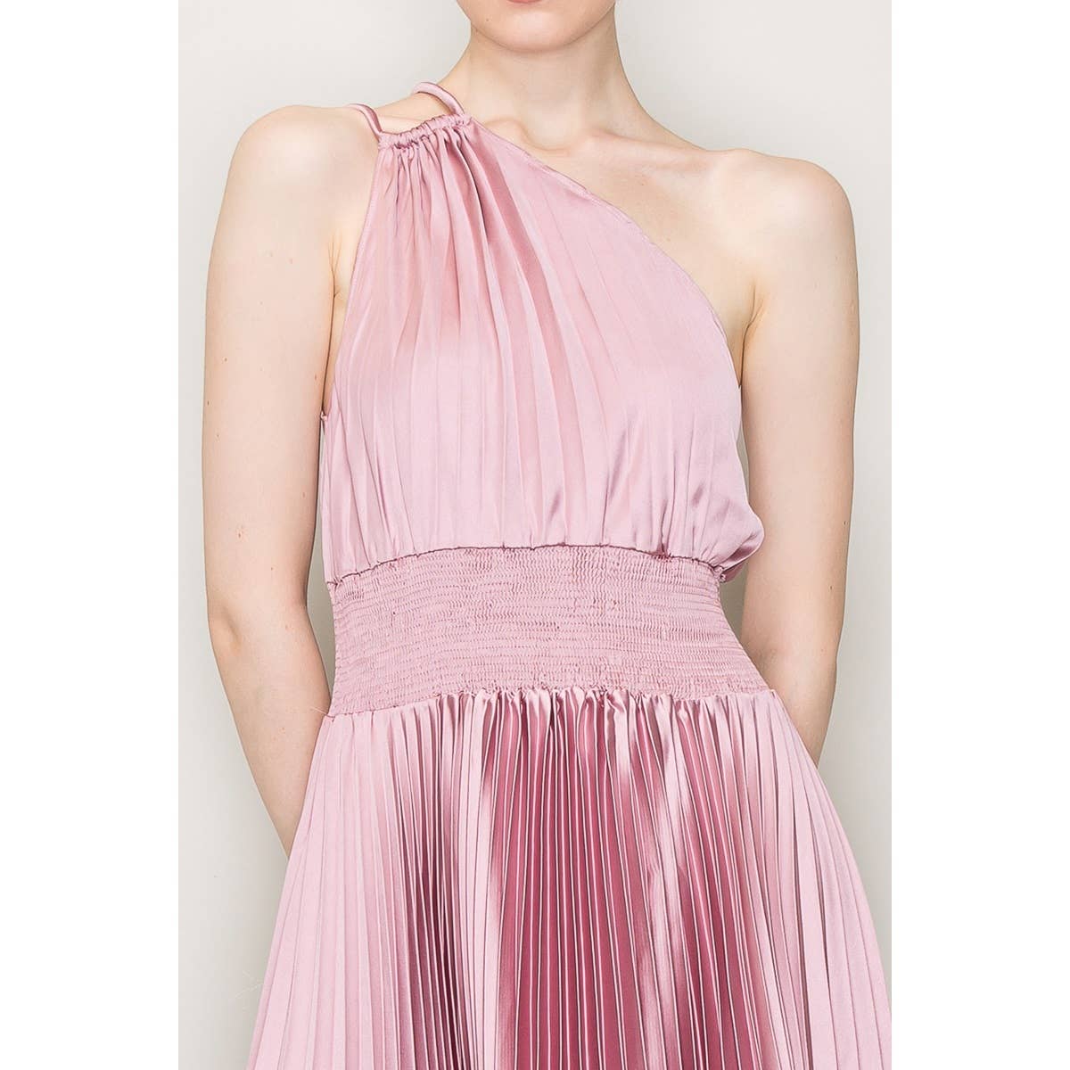 INA - Wholesale Dress - Women's - One-Shoulder Double Strap Pleated Satin Dress6