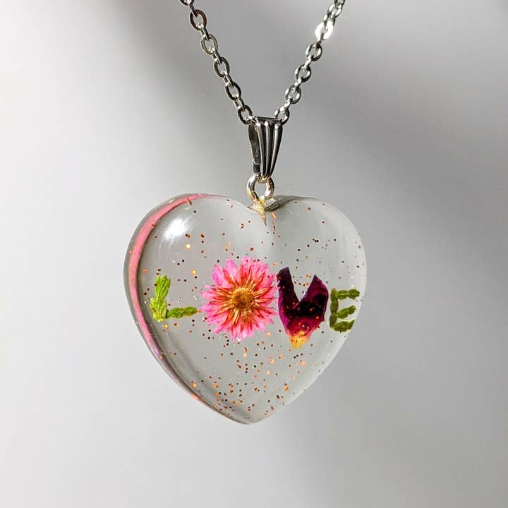 Endless Love : Handmade real flower LOVE pendant necklace for wholesale by Nature's Lure