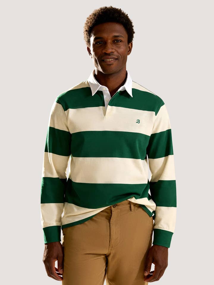 Off White & Green Relaxed Fit Striped Rugby Shirt for wholesale by Brian Oak Limited