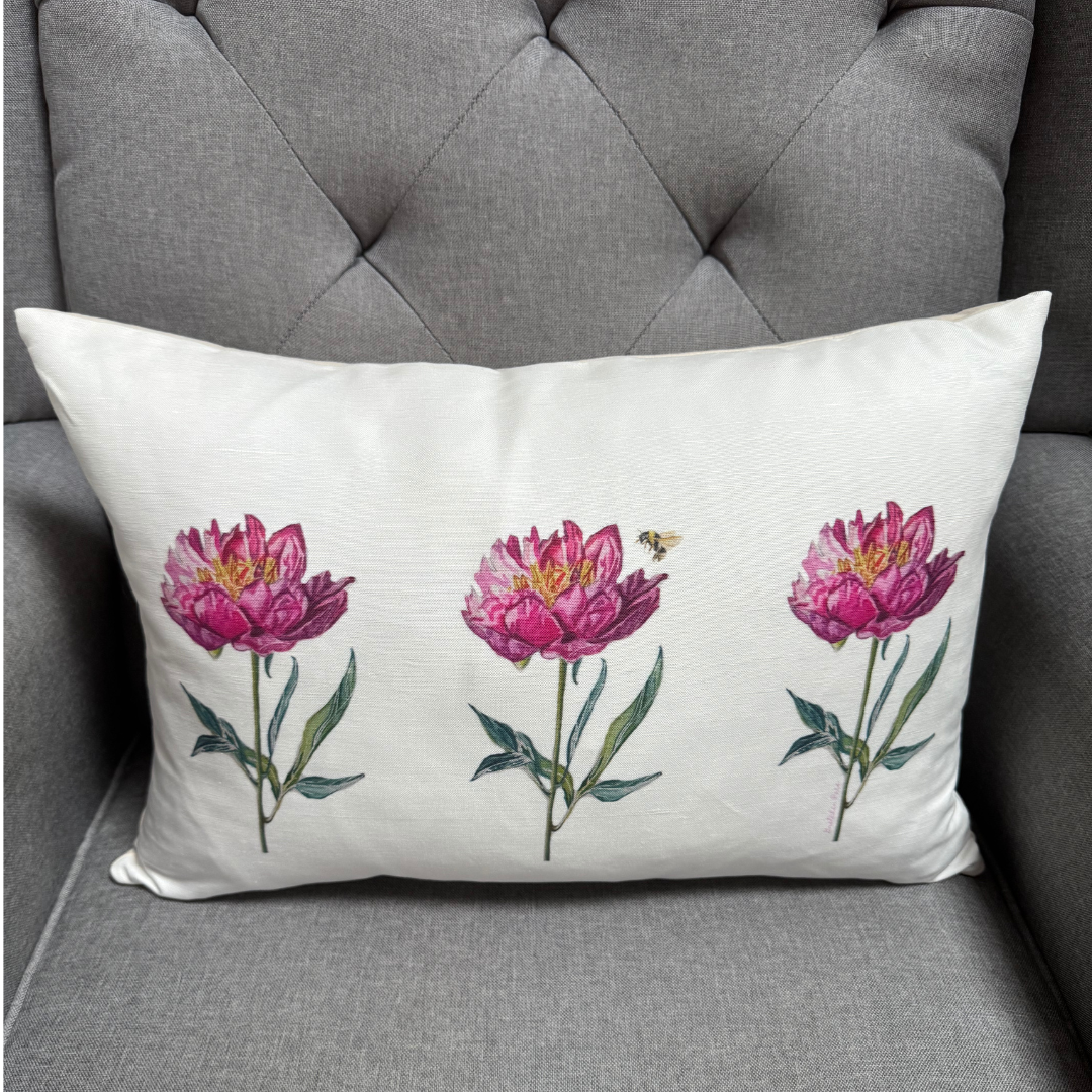 Goose and Willow - Wholesale Lumbar Pillow - Throw Pillow - Dark Pink Peony with Bee Triple on Linen Cotton Lumbar3
