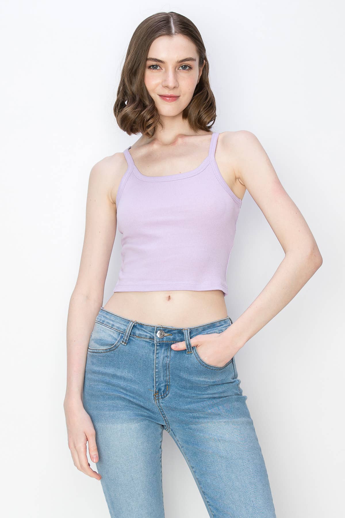 Color 5 - Vente Débardeur – femme - Débardeur spaghetti court en coton côtelé et élasthanne de couleur unie12