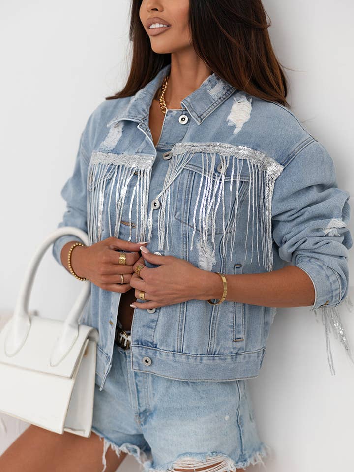 Sky Blue Sequin Embellished Fringe Distressed Denim Jacket for wholesale on Faire9
