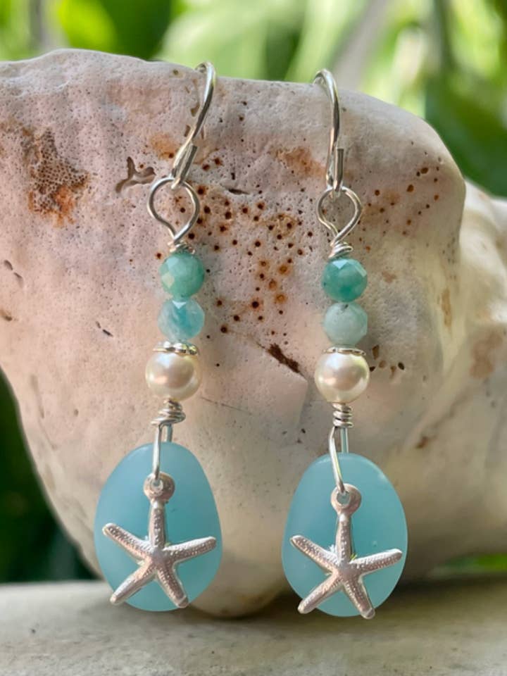 Seaglass, Starfish & Pearl Earrings (many colors available) for wholesale by Ocean Jewel Santa Barbara