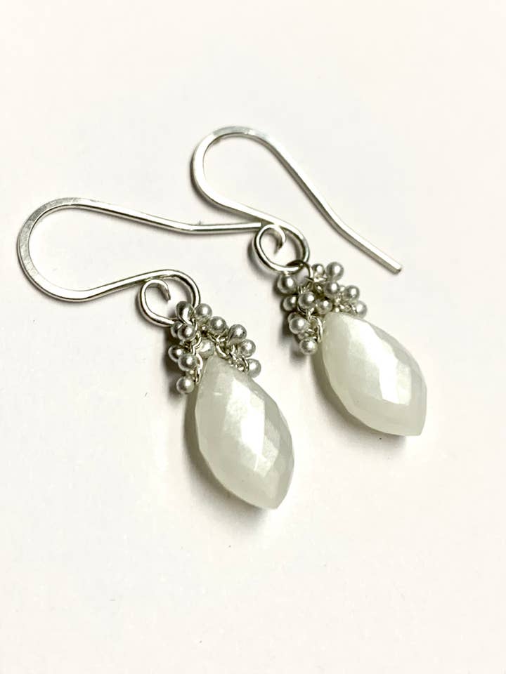 White Moonstone Briolette Caviar Dew Drop Earrings for wholesale by YedOmi Jewelry