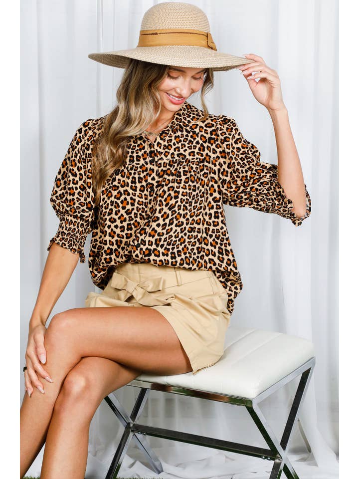 Brown Leopard Print Collar Neck Puff Sleeve Blouse Top VT82287A for wholesale on Faire11