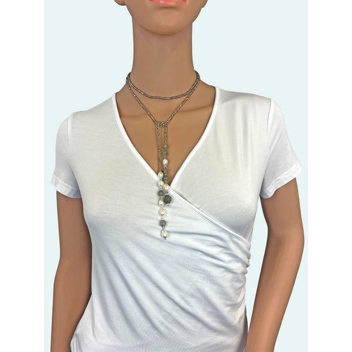 IST Jewelry - Wholesale Beaded/Pearl Necklace - Beaded Crystal and Labradorite Tassel Necklace6