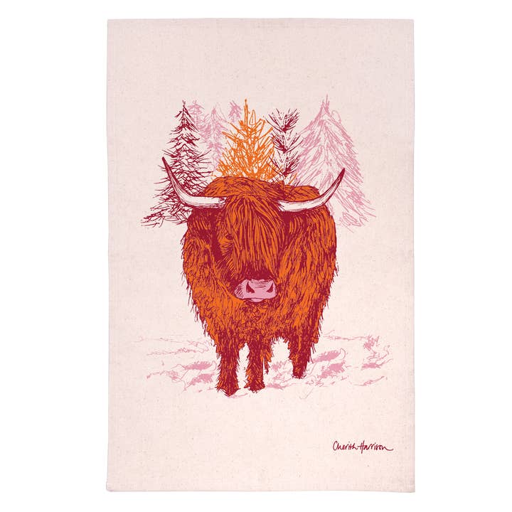 Cherith Harrison Trusty Highland Cow Tea Towel for wholesale by Parkwood Springs