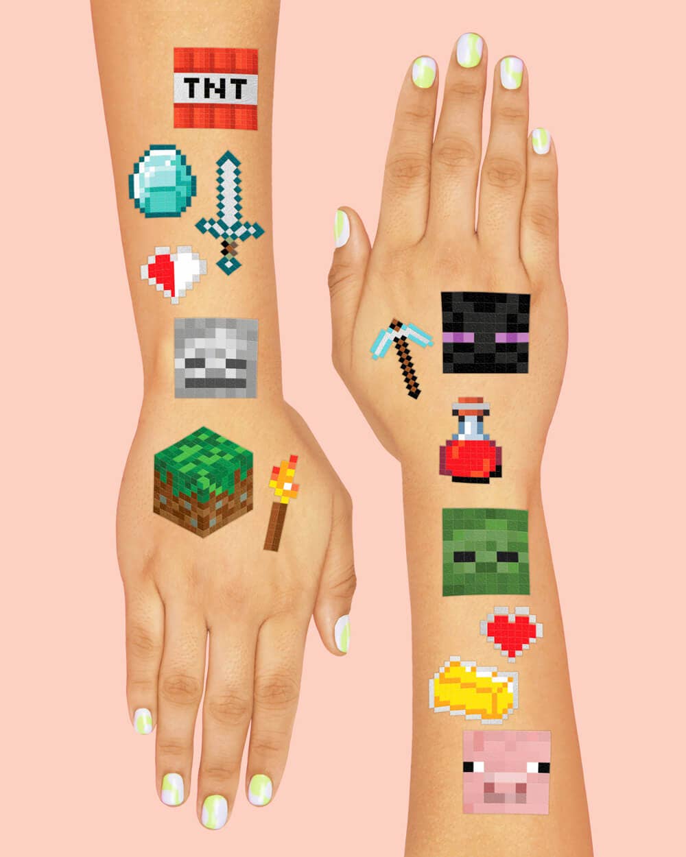 xo, Fetti - Wholesale Temporary Tattoo - Pixel Minecraft Temporary Tattoos, 74 cnt, video gamer, kids3