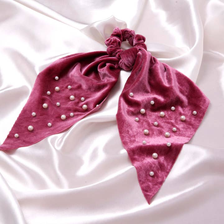 Raspberry Velvet Pearl Hair Ribbon Scrunchie for wholesale by Evelyn and Rose