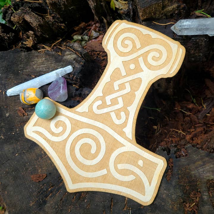 9" Thor's Hammer Mjolnir Norse Wooden Crystal Grid Board for wholesale by Prism Moon Designs