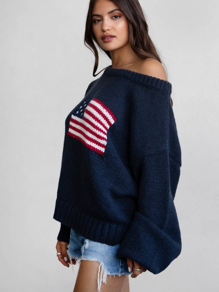 TICTOC - Wholesale Knit Sweater - Women's - BRANDI American Flag Knit Off The Shoulder Boat Neck Sweater14
