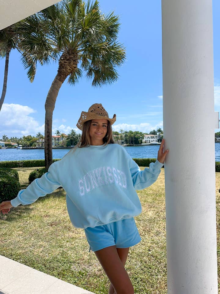 Icy Blue Sunkissed Varsity Embroider Sweatshirt for wholesale on Faire