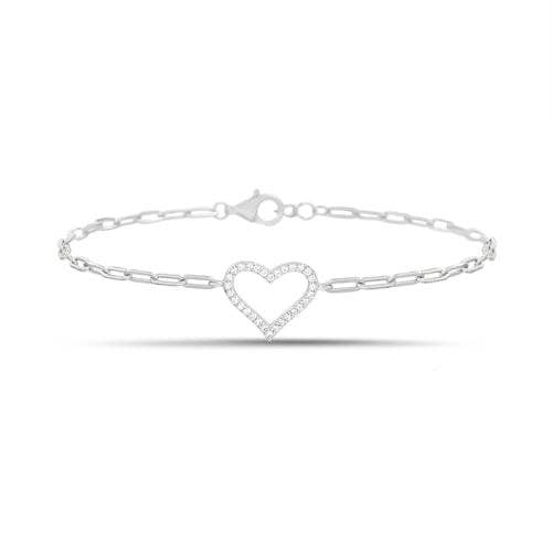 Sterling Silver CZ Heart Paperclip Chain Bracelet (7"+1") for wholesale by Atlanta Jewelers Supply