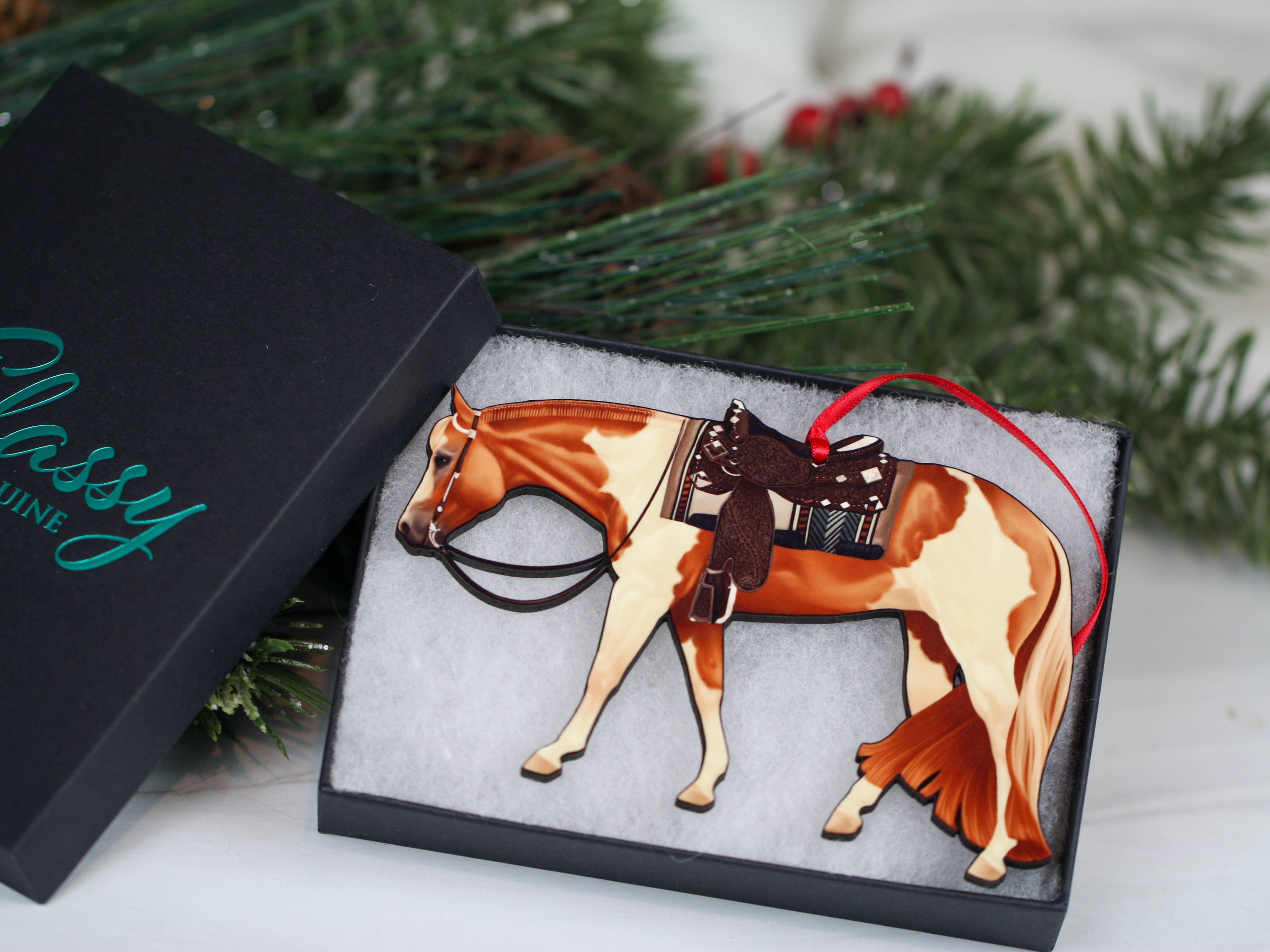 Classy Equine - Wholesale Ornament - Chestnut Tobiano Western Pleasure Horse Ornament Paint Horse4