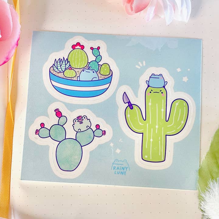 Folha de adesivos de sapos de cacto por atacado de Rainylune