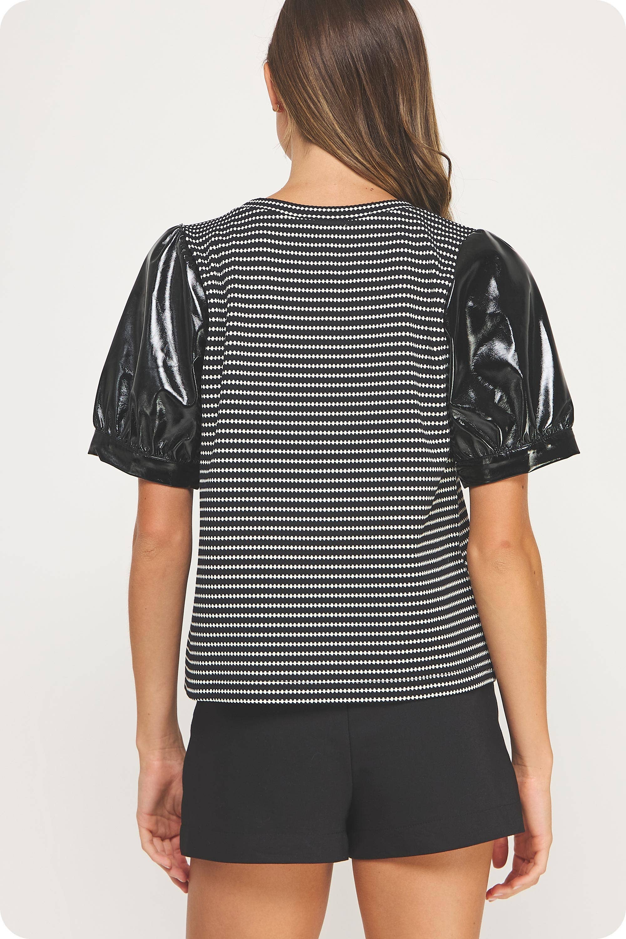 Strut & Bolt - Wholesale Blouse - Women's - Faux Leather Sleeve Texture Knit Tee Top17