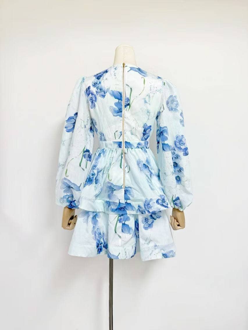 Productseeker - Wholesale Dress - Women's - DR438 V-Neck Lantern Sleeve Floral Print Short Dress1