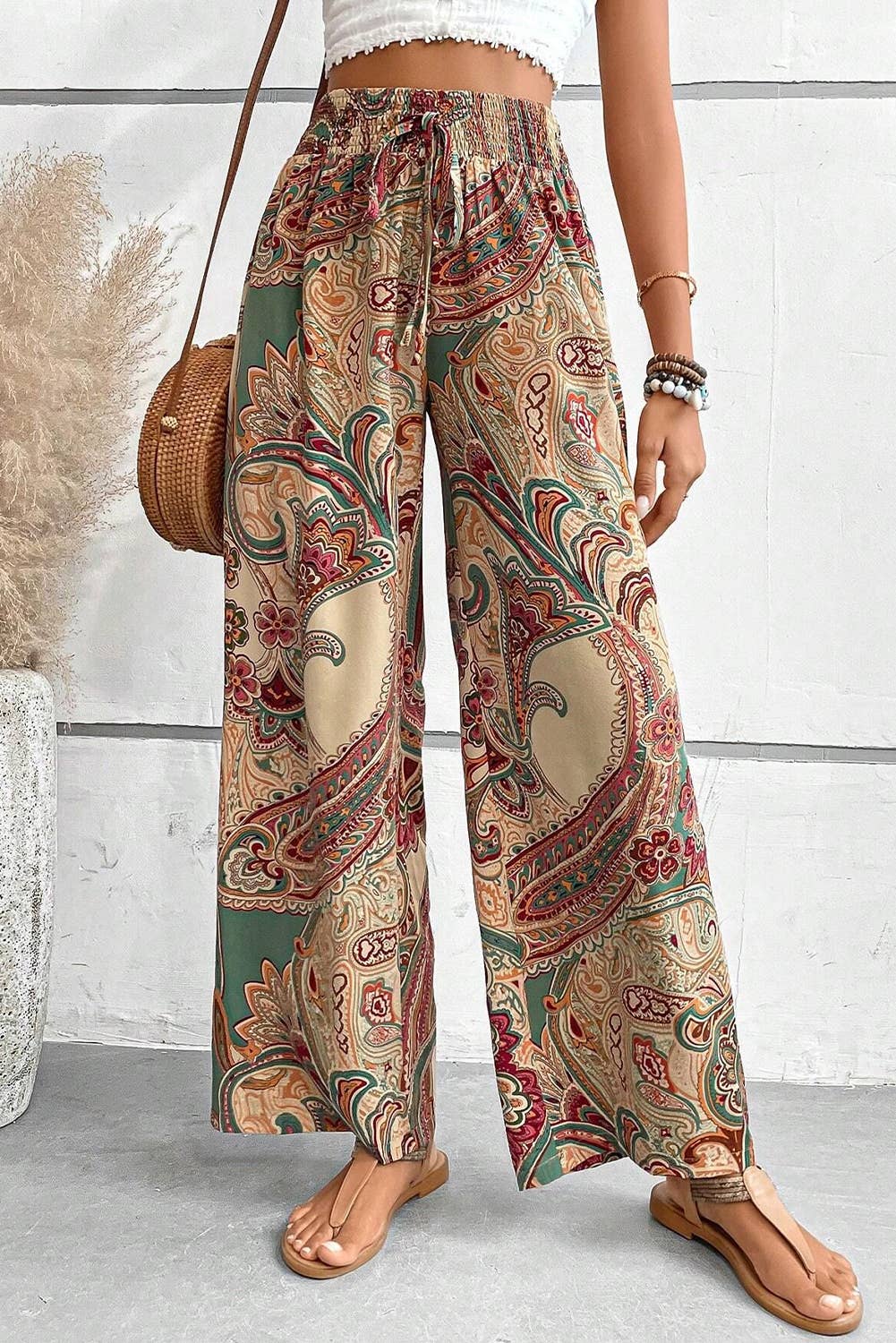 1 the Woman - Wholesale Pants - Women's - Paisley Print Boho Elastic Waist Wide Leg Pants3