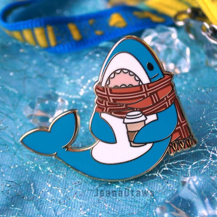 Coffee Shark Enamel Pin for wholesale by JeanaDraws