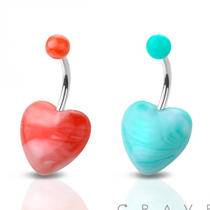 MARBLE LOOK ACRYLIC HEART 316L SS BAR BELLY RING for wholesale by CRAVE