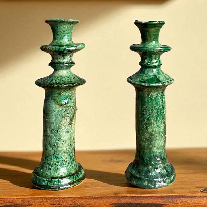 Håndlavet Tamegroute Lysestage – 25 cm Grøn Marokkansk Keramik for engroshandel hos Moroccantastics